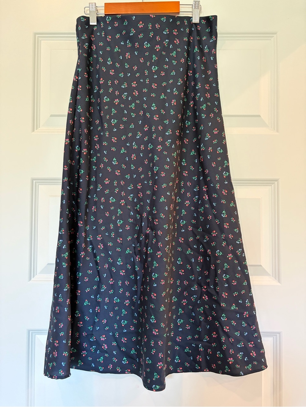 LOFT Navy Midi Skirt with Pink & Green Floral Print
